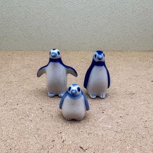 Tiny Ceramic Penguin Trio – Handcrafted Blue & White Animal Figurines – Cute Desk, Bookshelf, or Terrarium Decor - Gift for Penguin Lovers