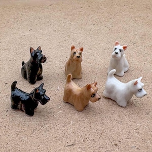 Tiny Scottish Terrier Dog Figurines, Hand-Painted Ceramic Puppy Pair, Miniature Pet Decor for Dog Lovers and Scottish Terrier Collectors