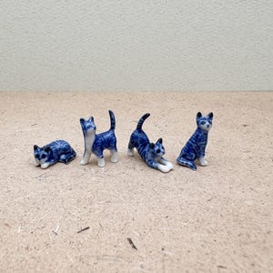 Blue Ceramic Cat Figurines Set, Miniature Porcelain Kittens, Hand-Painted Cat Decor, Collectible Cat Statues, Gift for Cat Lovers
