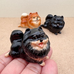 Mini Ceramic Pomeranian Figurine | Black, Brown, Orange Dog Collectible | Cute Pet Decor | Hand-Painted Small Dog Sculpture