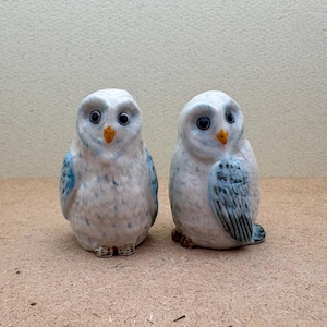 Rustic Blue and White Ceramic Owl Duo – Hand-Painted Miniature Figurines for Animal Collectors, Home Décor, and Thoughtful Gifts