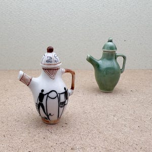Miniature Ceramic Coffee Pot Figurines: Tribal & Green Glazed Dollhouse Decor