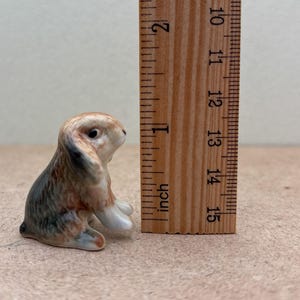 May include: A small ceramic rabbit figurine, about 1.5 inches tall, with brown, black, and white fur. The figurine is sitting on a brown surface next to a ruler.