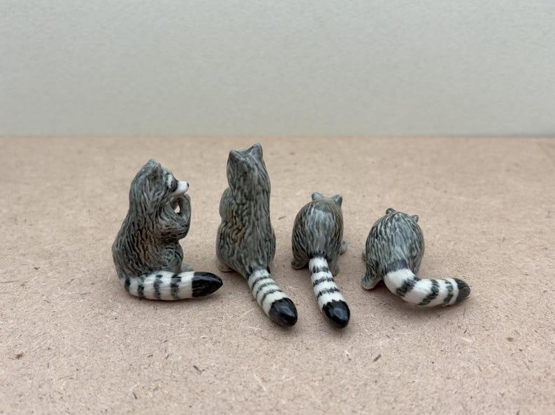 Pu&ograve; includere: Quattro statuine di procione in ceramica, ciascuna con una posa diversa, sono disposte in fila su una superficie marrone chiaro. I procioni sono grigi e bianchi con strisce nere sulle code.