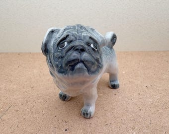Hand-Painted Ceramic Pug Figurine: Miniature Gray & White Dog Statue