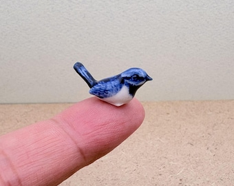 Hand-Painted Mini Indigo Wren Ceramic Figurine - Bird Lover Gift