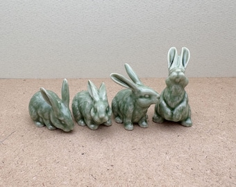 Celadon Ceramic Rabbit Figurines: Set of 4, Thai Artisan Collectibles