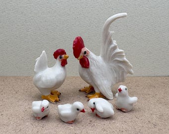 Hand-Painted Ceramic Chicken Family Figurine Set: Farmhouse Decor