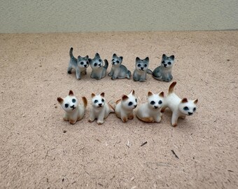 Mini Ceramic Cat Figurines: Hand-Painted Siamese & Tuxedo Kittens