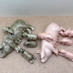 Charming Ceramic Pig Family Figurines, Choose Pink or Brown Pig with Adorable Piglets, Farmhouse Animal Decor for Collectors & Animal Lovers