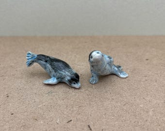 Handcrafted Ceramic Seal Figurines: Coastal Home Decor, Set of 2