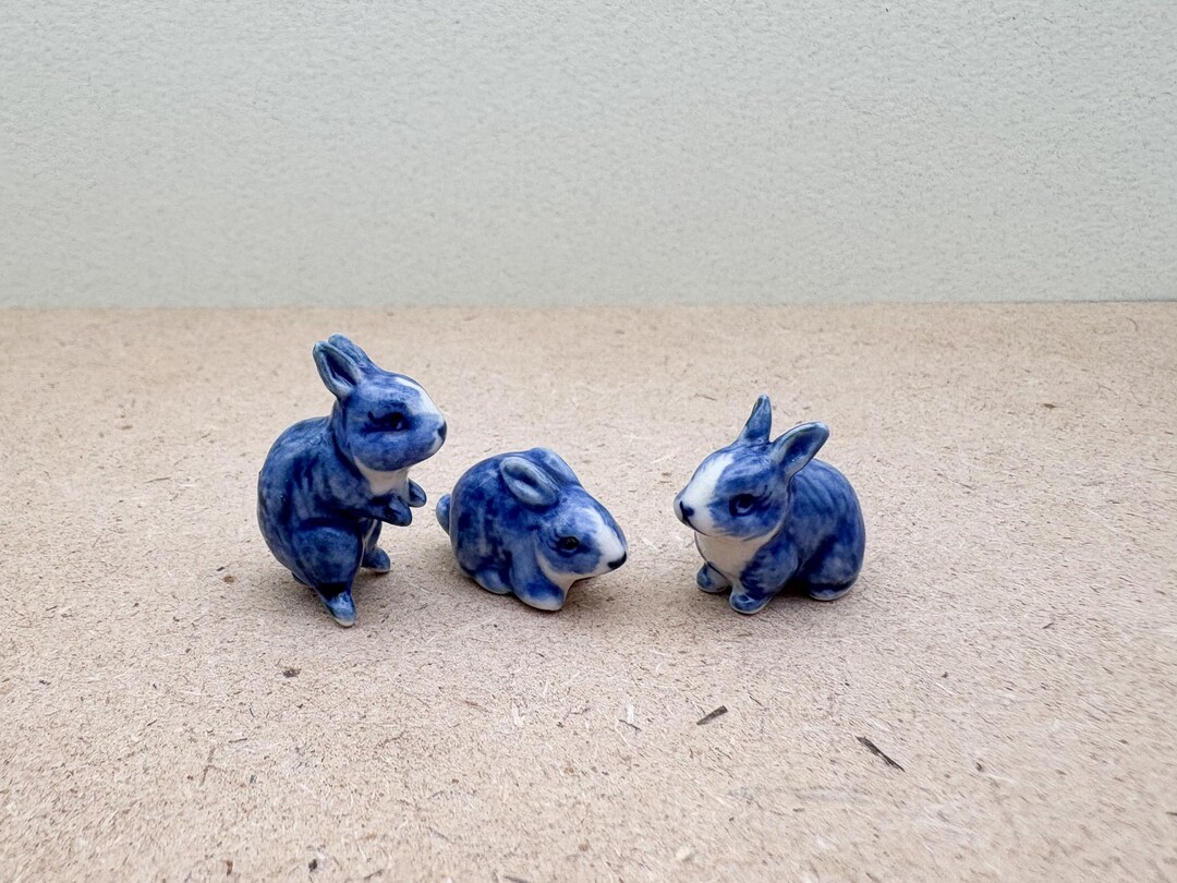 Delf Blue Rabbit Set of 3 Delft-inspired Blue Ceramic Rabbit Figurines, Miniature Bunny ...