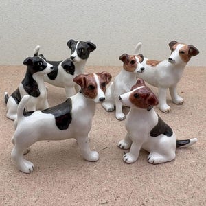Adorable Jack Russell Terrier Ceramic Figurine Set - Hand-Painted Canine Collectibles, Unique Dog Lover Gift, Rustic Farmhouse Decor