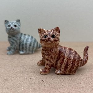 Hand-Painted Ceramic Cat Figurine, Brown Tabby, Gray Kitten figurines - Cute Collectible Decor for Cat & Animal Figurine Fans, Cat Lovers
