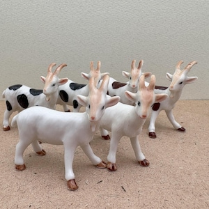 Charming Pair of Ceramic Goat Figurines with Black Spots | Hand-Painted Farm Animal Decor | Unique Collectible Miniature Statues