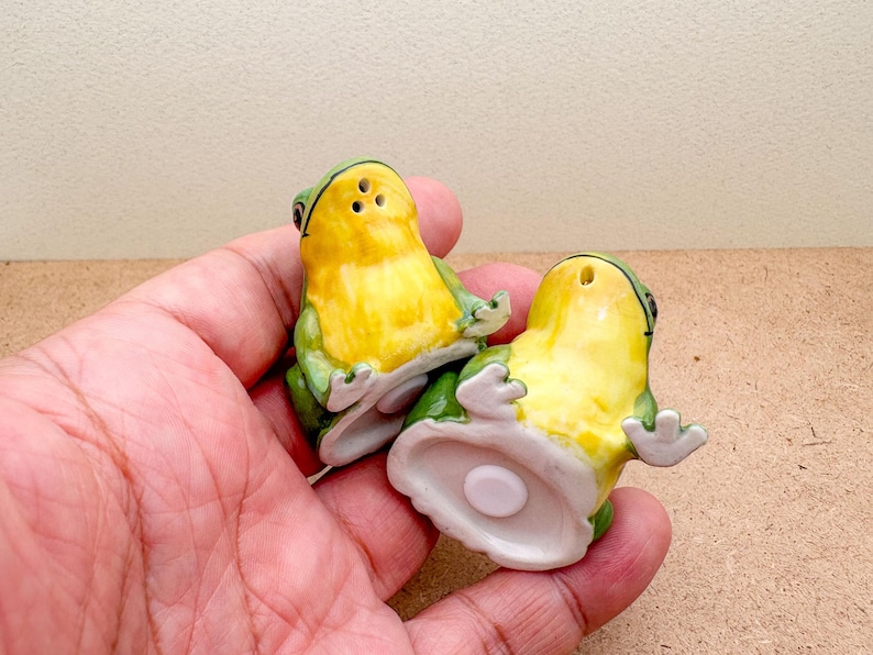 Puede incluir: Un par de saleros y pimenteros de cer&aacute;mica con forma de rana. Las ranas est&aacute;n pintadas de amarillo y verde, con tres agujeros en la parte superior para dispensar. Estos saleros tienen un dise&ntilde;o caprichoso, ideal para la decoraci&oacute;n de la cocina.