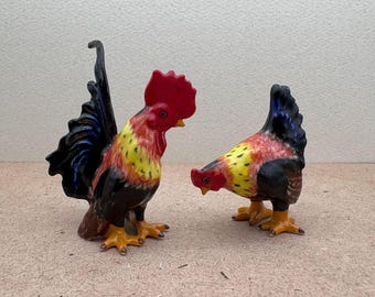 Ceramic Roosters Figurines: Colorful Farmhouse Decor Set
