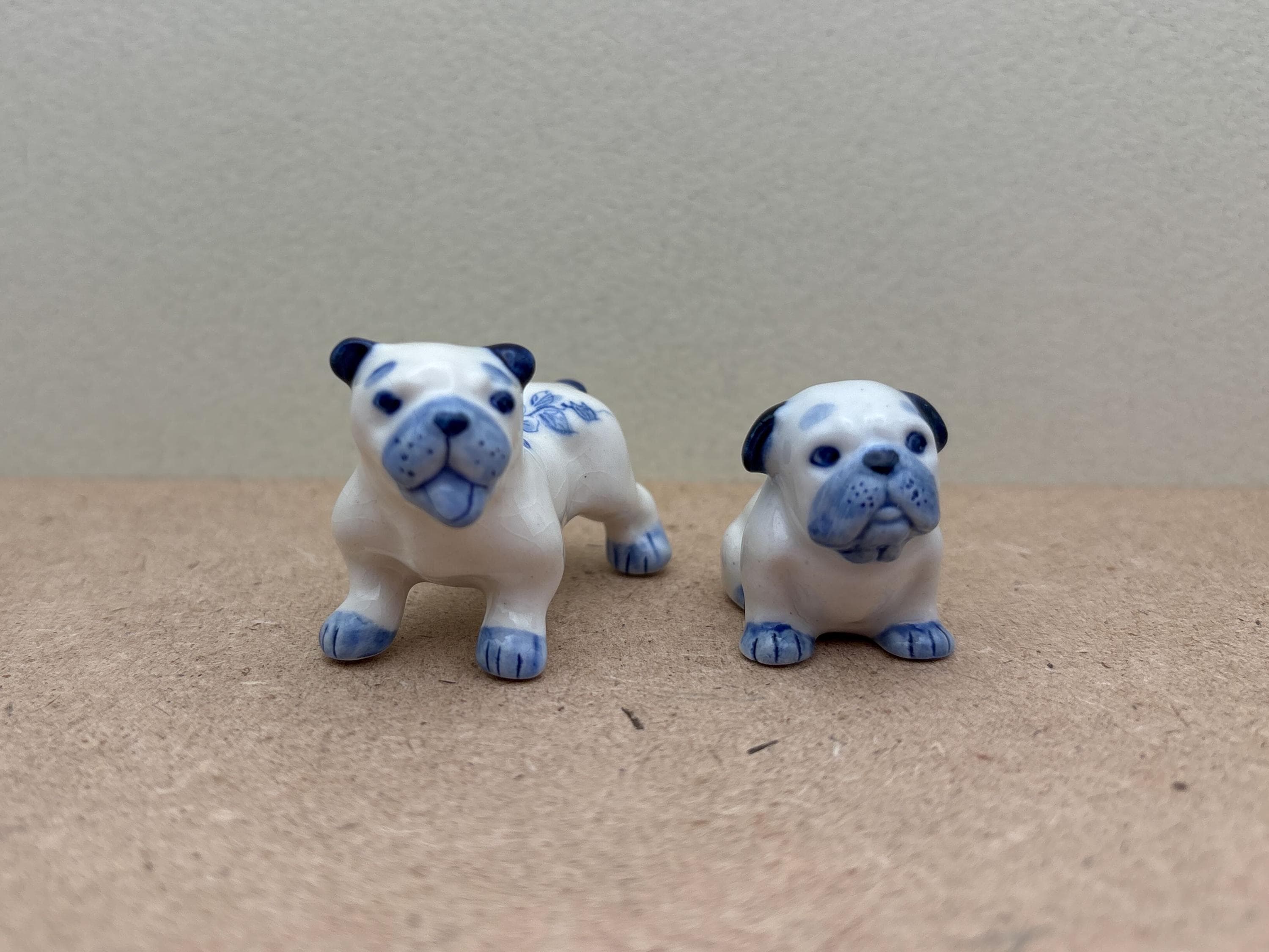 手作りの青い花柄セラミック製ブルドッグの置物 - 2個セット - Etsy 日本