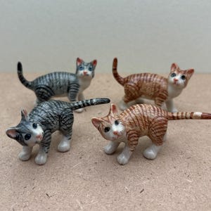 Ceramic Tabby Cat Figurines: Brown and Gray Striped Miniatures