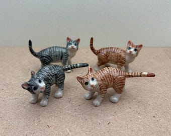 Ceramic Tabby Cat Figurines: Brown and Gray Striped Miniatures