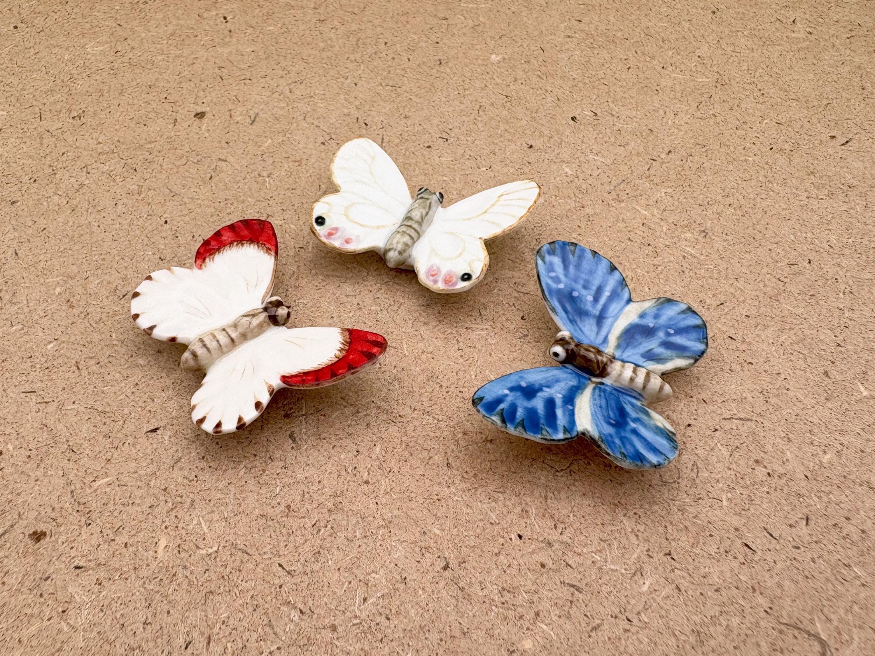 Vibrant Ceramic Butterfly Figurine Trio – Handmade Decor Set in Red, Blue & White, Perfect for Garden Decor Lovers and Butterfly Collectors