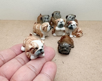 Hand-Painted Ceramic Bulldog Figurine Set: Miniature Dog Sculptures