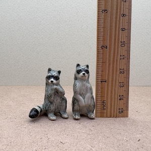 Pu&ograve; includere: Due statuine di procione in ceramica, una in piedi e una seduta, con occhi neri e un motivo a strisce grigio e bianco. Le statuine sono alte circa 5 cm e sono mostrate accanto a un righello.