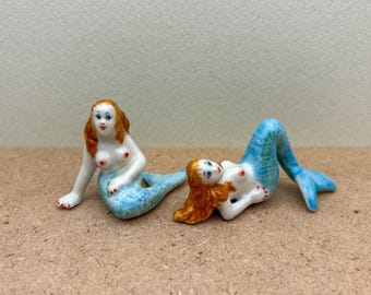 Ceramic Mermaid Figurines: Vintage-Style Coastal Decor, Set of 2