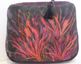 Purple clutch, embroidered bag, orange red pink,  black bag, loop handle, small bag, medium,  zipper pouch