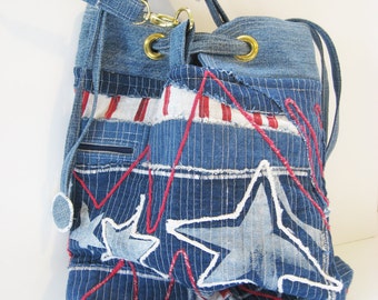 Bucket Bag Blue Denim with patriotic USA theme Nautical drawstring bag