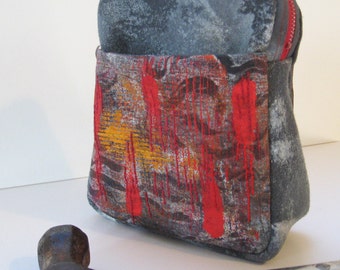 Tall Gray Pouch Painted and Embroidered Bag Red and Orange on Gray Grunge Gadget Bag