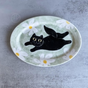 Handmade ceramic plate for home décor gift for her cat lover cute dinnerware dessert plate
