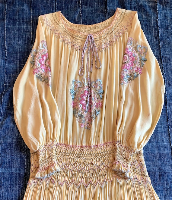 1920s-30s Hungarian Embroidered Silk Dress/ Neutra