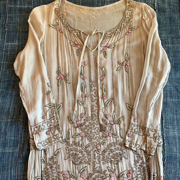 1920s 30s beaded Silk dress/ Floral pattern/ costume/ collector collectible/ antique clothing/ wedding/ tea dress