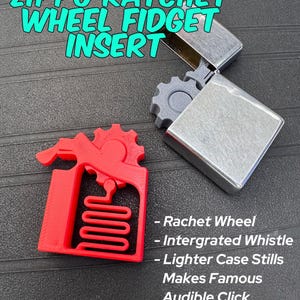 May include: A silver Zippo lighter with a gray gear-shaped insert and a red fidget insert. The red insert has a gear and a spring-like design. Text on the image reads "ZIPPO RATCHET WHEEL FIDGET INSERT".