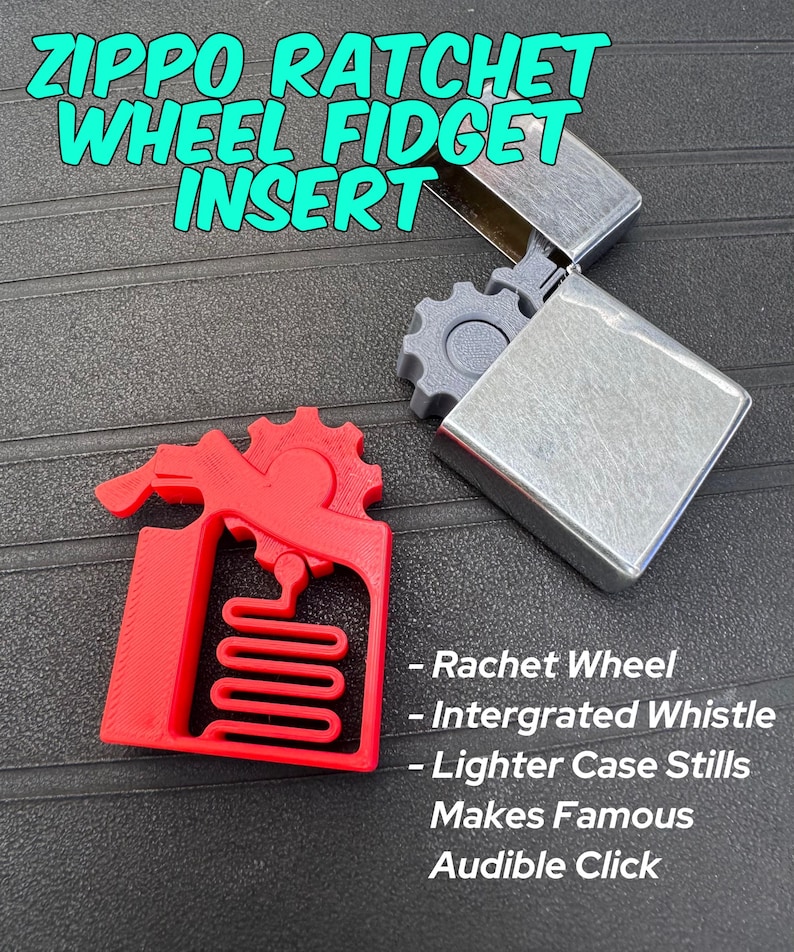May include: A silver Zippo lighter with a gray gear-shaped insert and a red fidget insert. The red insert has a gear and a spring-like design. Text on the image reads "ZIPPO RATCHET WHEEL FIDGET INSERT".
