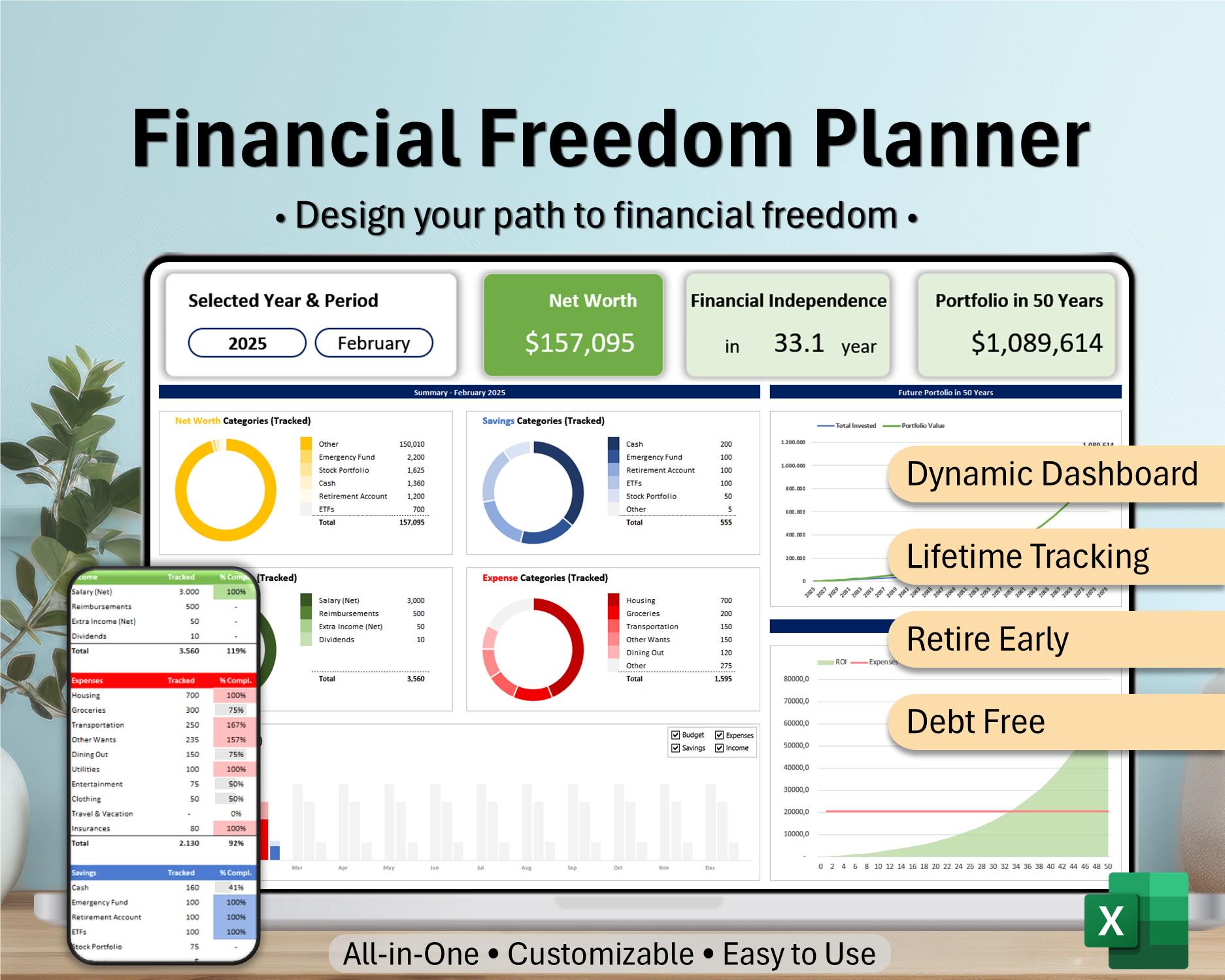 Financial Freedom Planner Excel | Budget Tracker, Debt Payoff, Savings, Net Worth & Investment