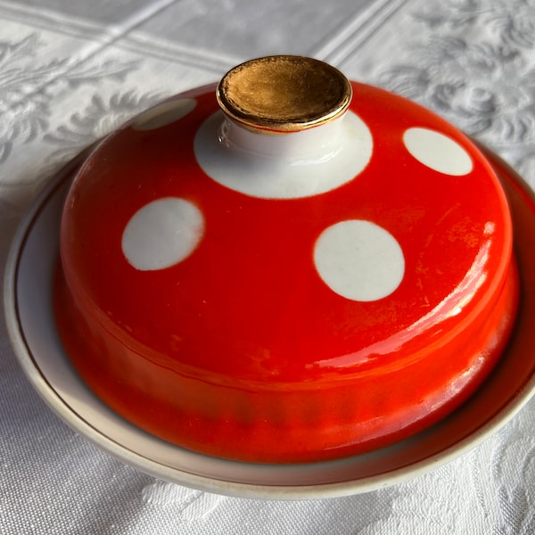 Vintage MCM Orange White Polka Dot Porcelain Butter Dish G8