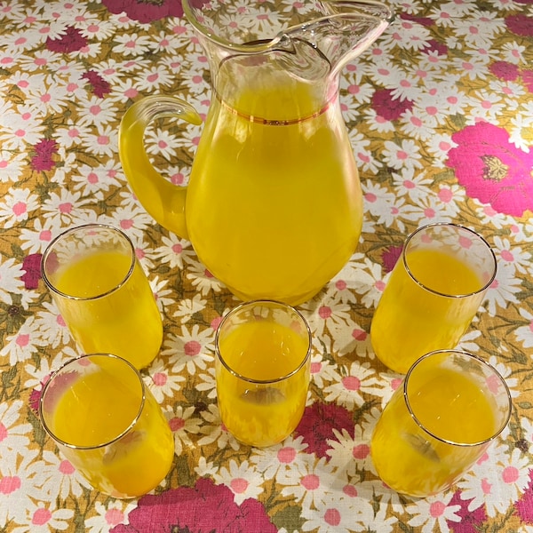 Blendo MCM Pitcher & Glasses 6 Piece Set Yellow 1960s Cocktail Juice Frosted Glass w Gold Trim Vintage Bright