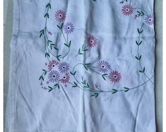Vintage Hand Embroidered Floral Tablecloth 32" x 32" Pastel Colors Cotton Linen