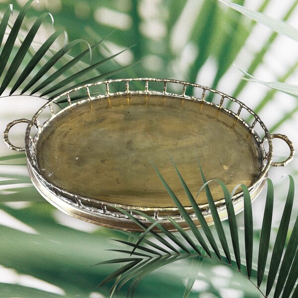 Brass Serving Tray Oval Faux Bamboo Rail Hollywood Drinks Cocktails Vintage Appetizers Lunch Party