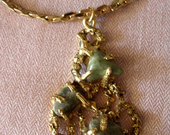 Vintage Green Moss Agate Gold Tone Free Style Necklace Choker Pendant Gold Chain