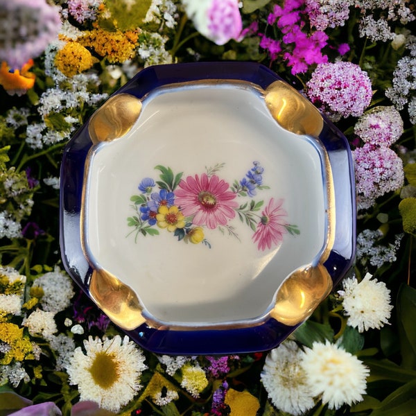 Cobalt Floral Ashtray Vtg Porcelsin Made in Germany Gold Trim