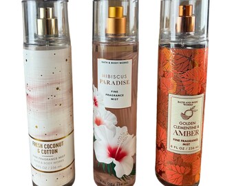 Bath & Body Works Set of Three Full Fine Fragrance Mist, Clementine and Amber, Fresh Coconut and Cotton, Hibiscus Paradise