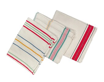 3 Dish Towels Vintage Striped Red Green Linen Cotton Durable Blue Yellow Black