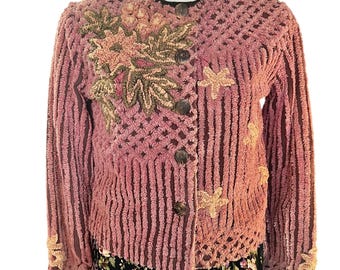Chenille Cardigan With Loop Details on flowers Leaves Handmade Pink Rose