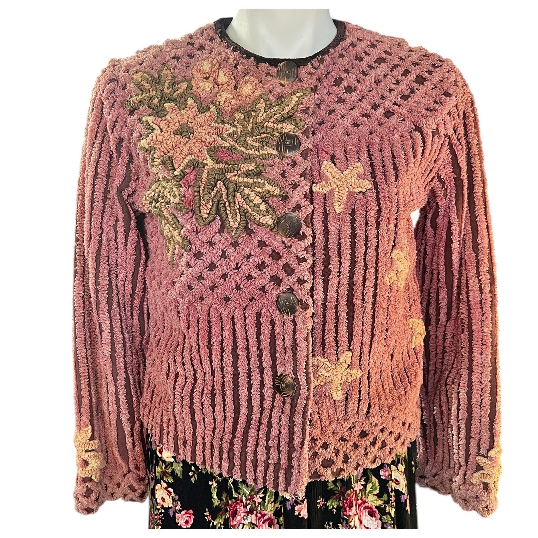 Chenille Cardigan With Loop Details on Flowers Leaves Handmade 