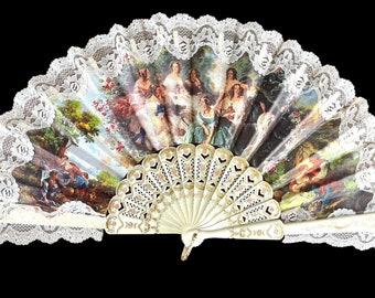 Celluloid Hand Fan Lace Romantic  Scenes Gold Trim Empress Eugenia Surrounded by her Ladies-in-Waiting by Franz Xavier Winterhalter