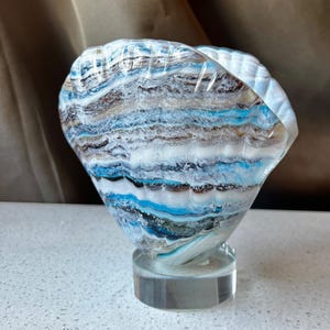 May include: A glass sculpture of a seashell with blue, white, and brown layers. The shell is on a clear glass base.