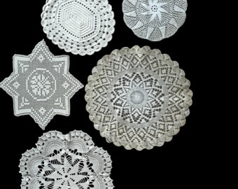 Set of 5 Ecru Doilies Wedding French Cottage Core Country Table Runner Snowflakes Star Circle Oval Cotton